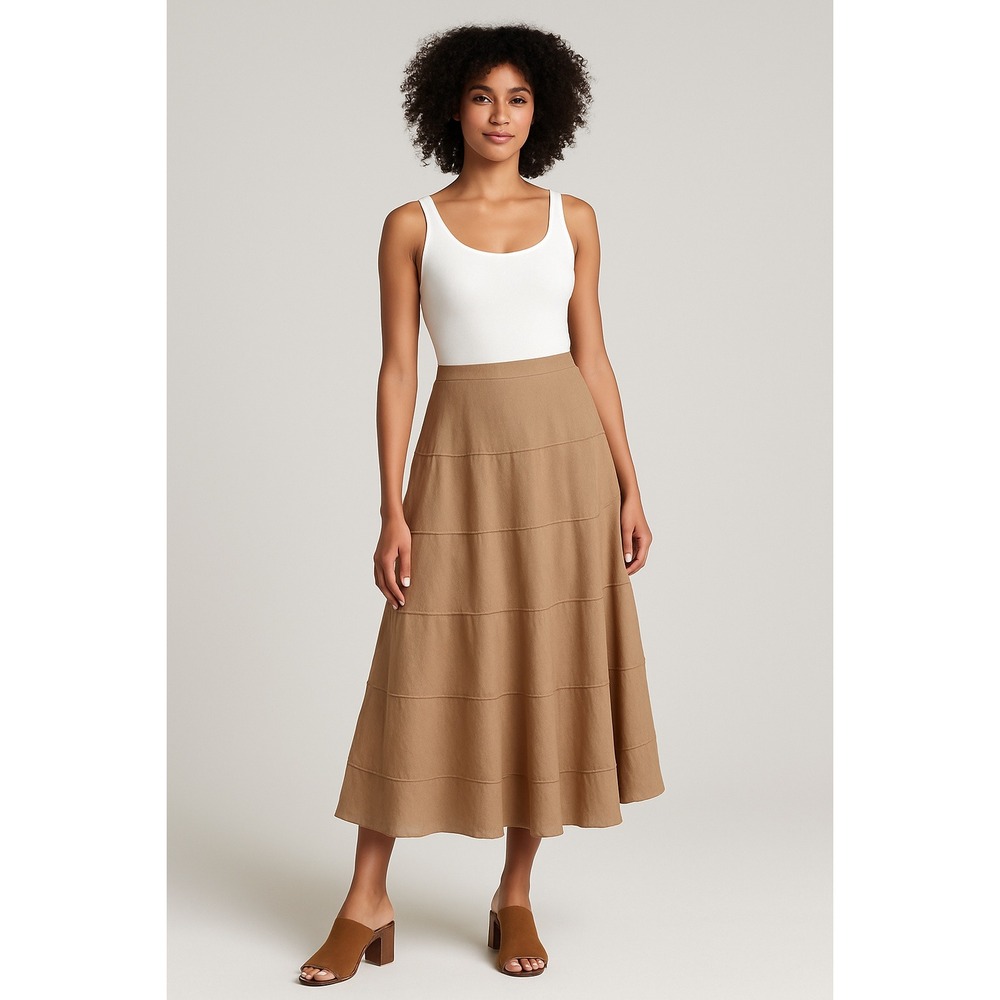 Style & Co Linen Tiered Midi‎ Skirt Women's 10 Tan Beige A-Line Boho Summer